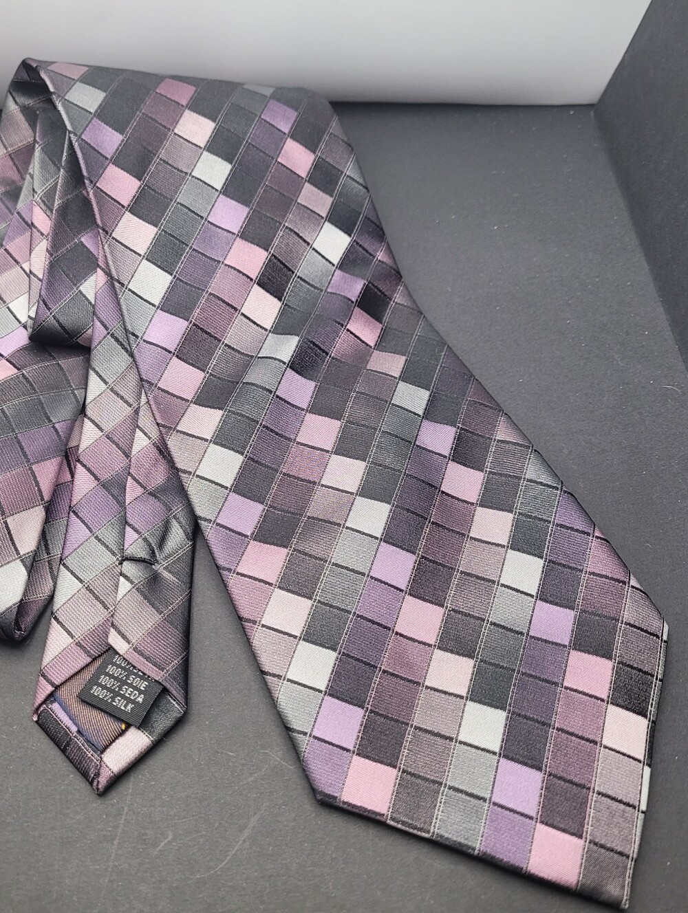 Valerio Garati Handmade 100% Silk Tie Purple Gray Mosaic Geometric Necktie